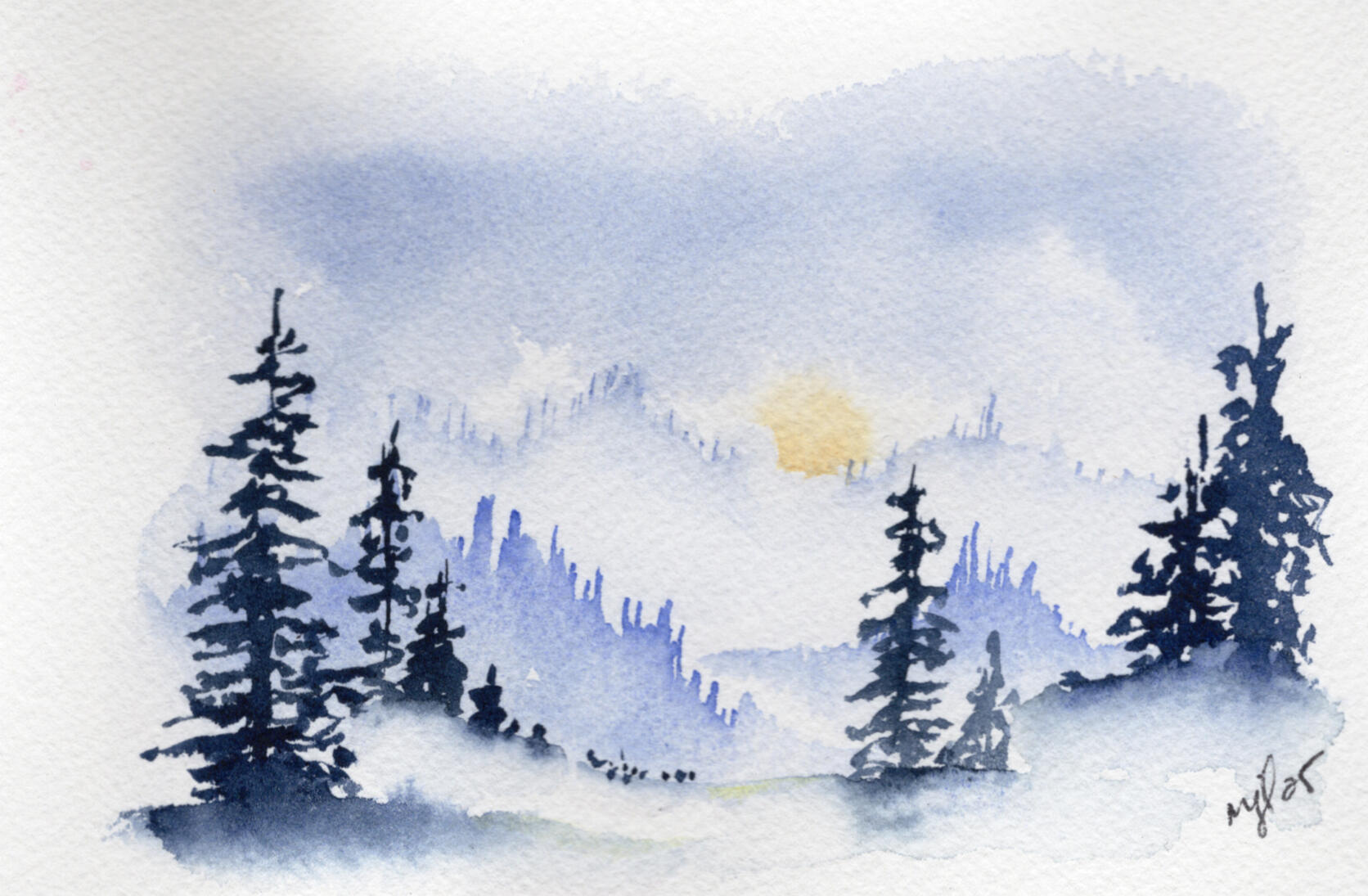 Watercolor 4 x 6 "Foggy Mountains in Snow" $36