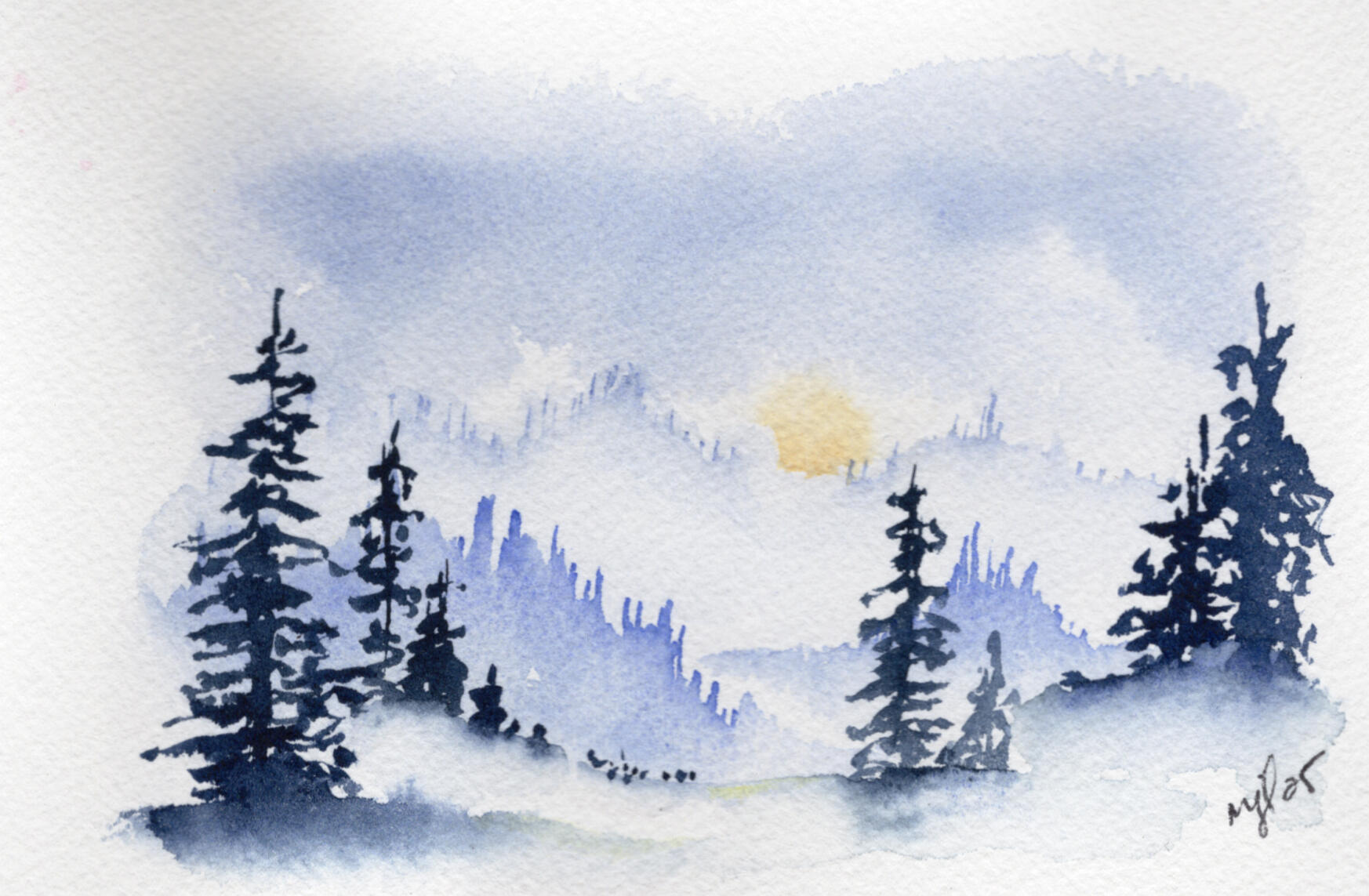 Watercolor 4 x 6 "Foggy Mountains in Snow" $36