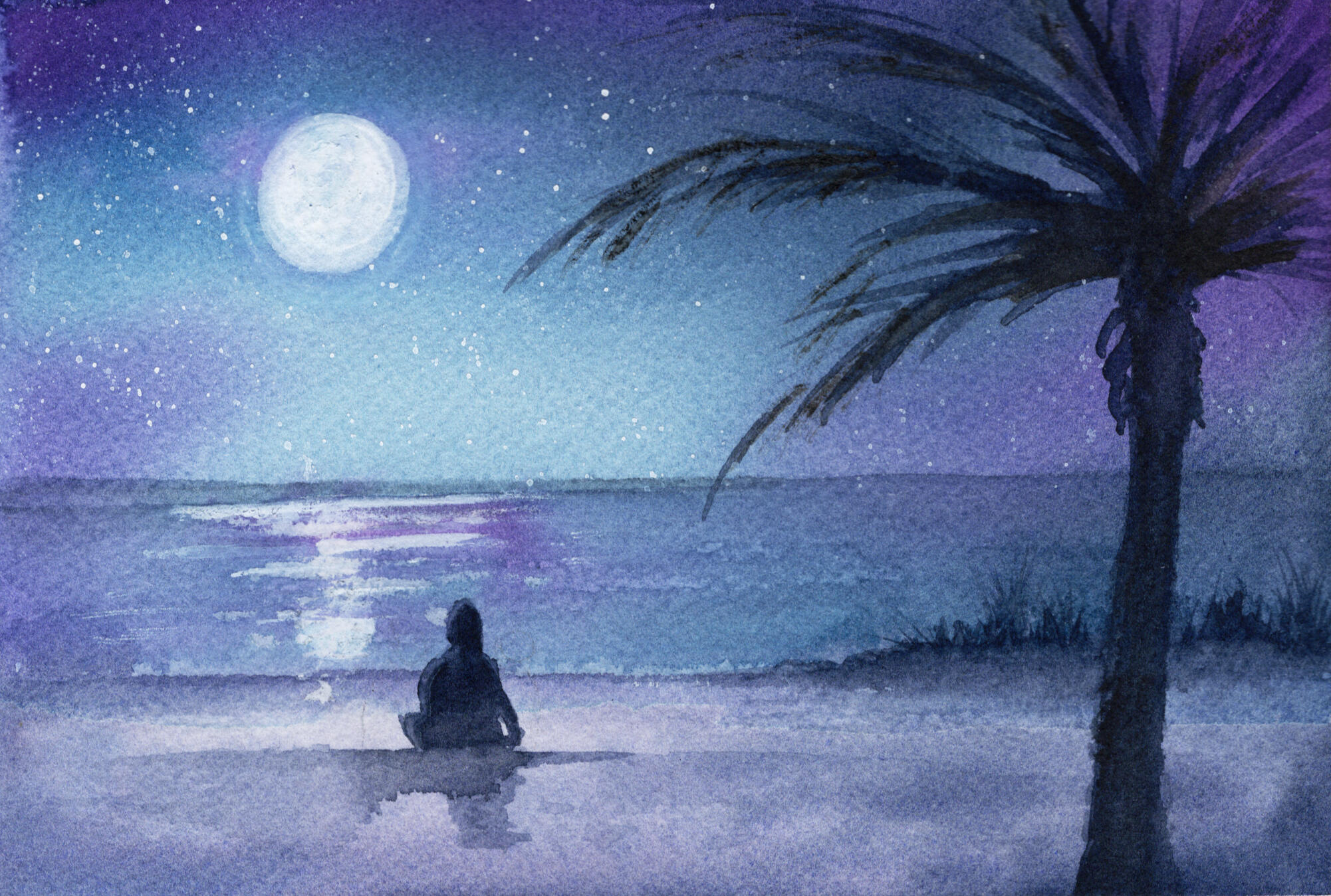 Watercolor 5 x 7 "Sitting by the Moody Moonlight Beach" $52