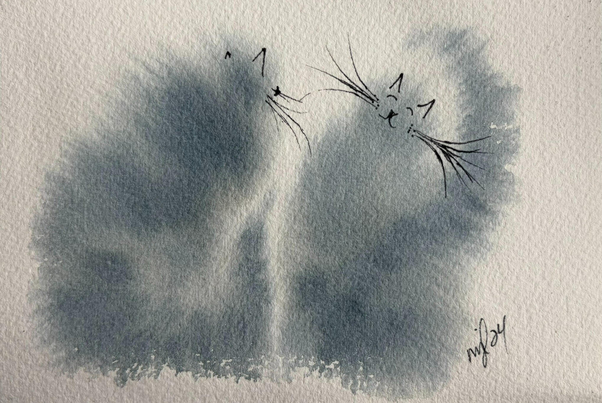 Watercolor &amp; Pen 4 x 6 "Two Sassy Cat Chat" $36