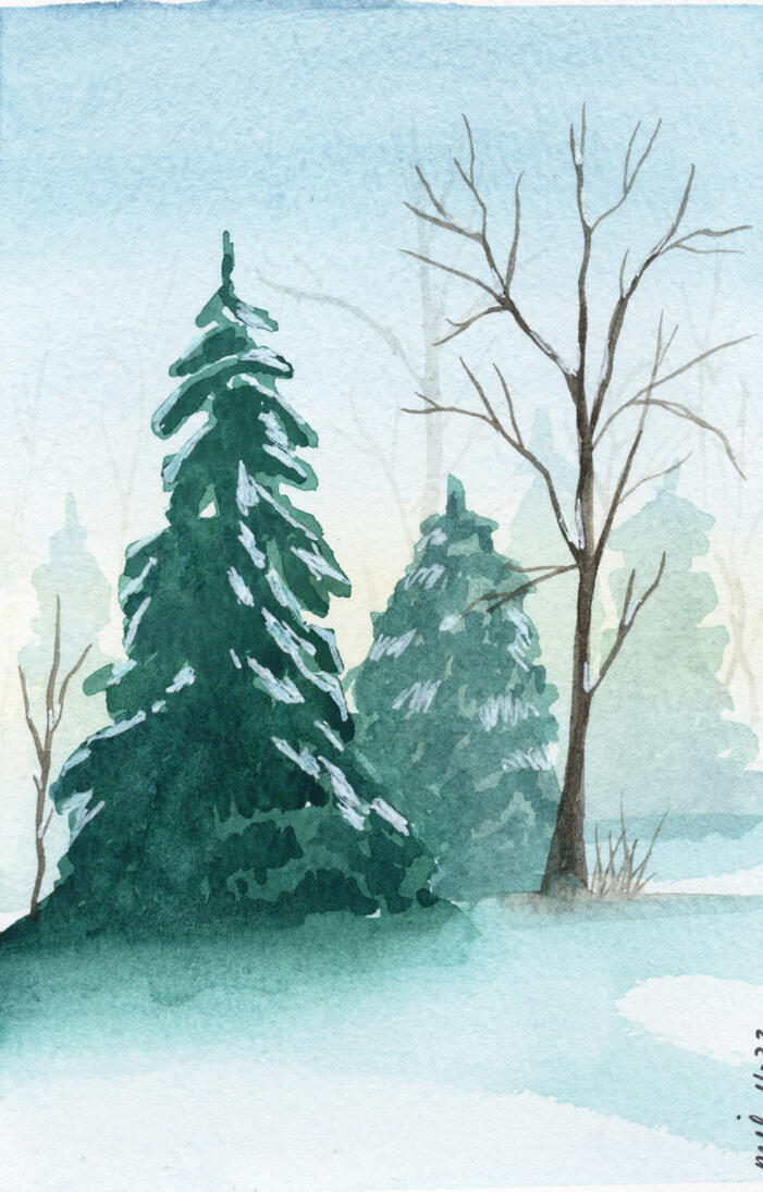 Watercolor 4 x 6 "Lone Tree with Evergreens" $36