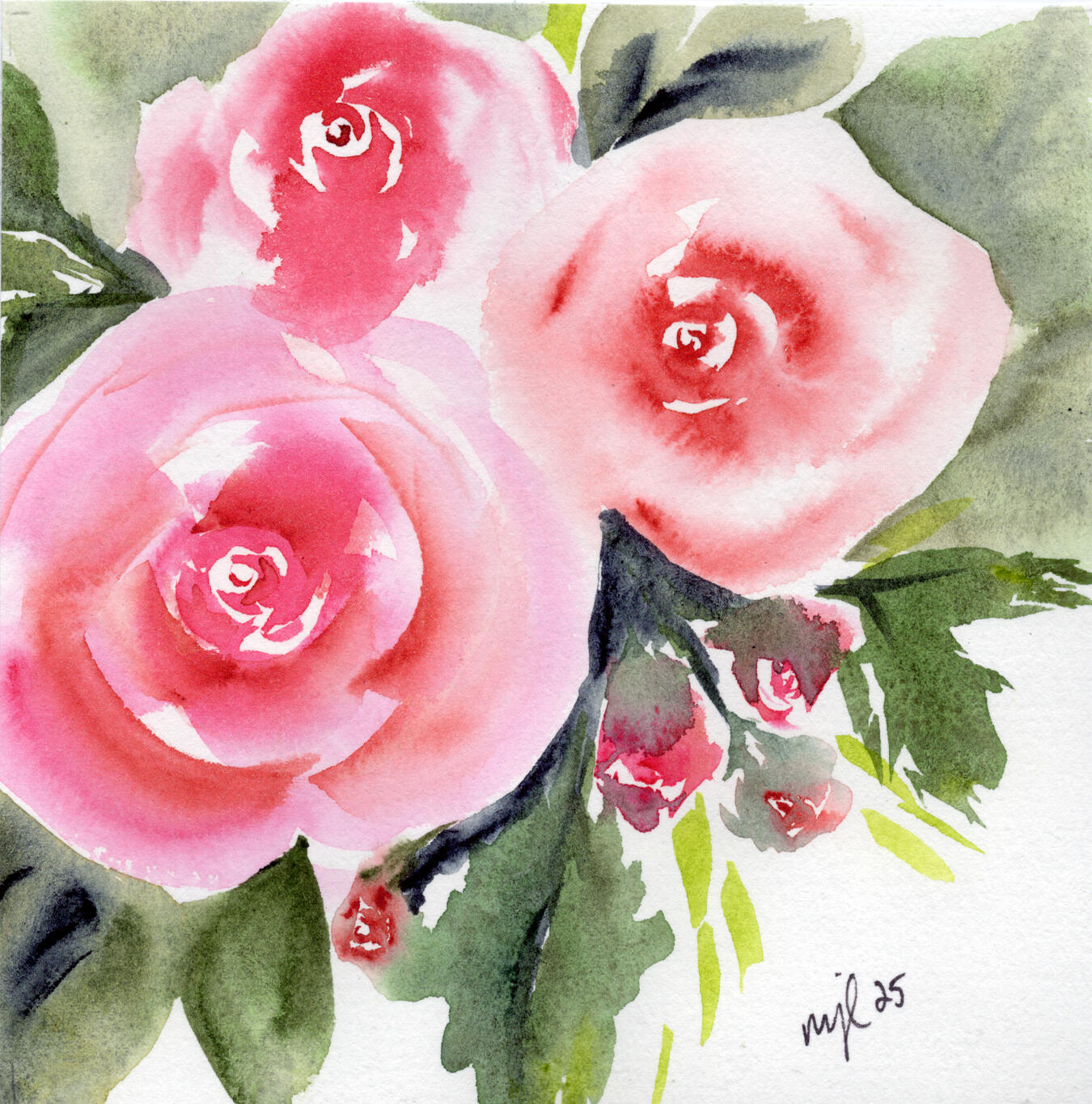 Watercolor 6 x 6 "Three Roses in a Corner" $54