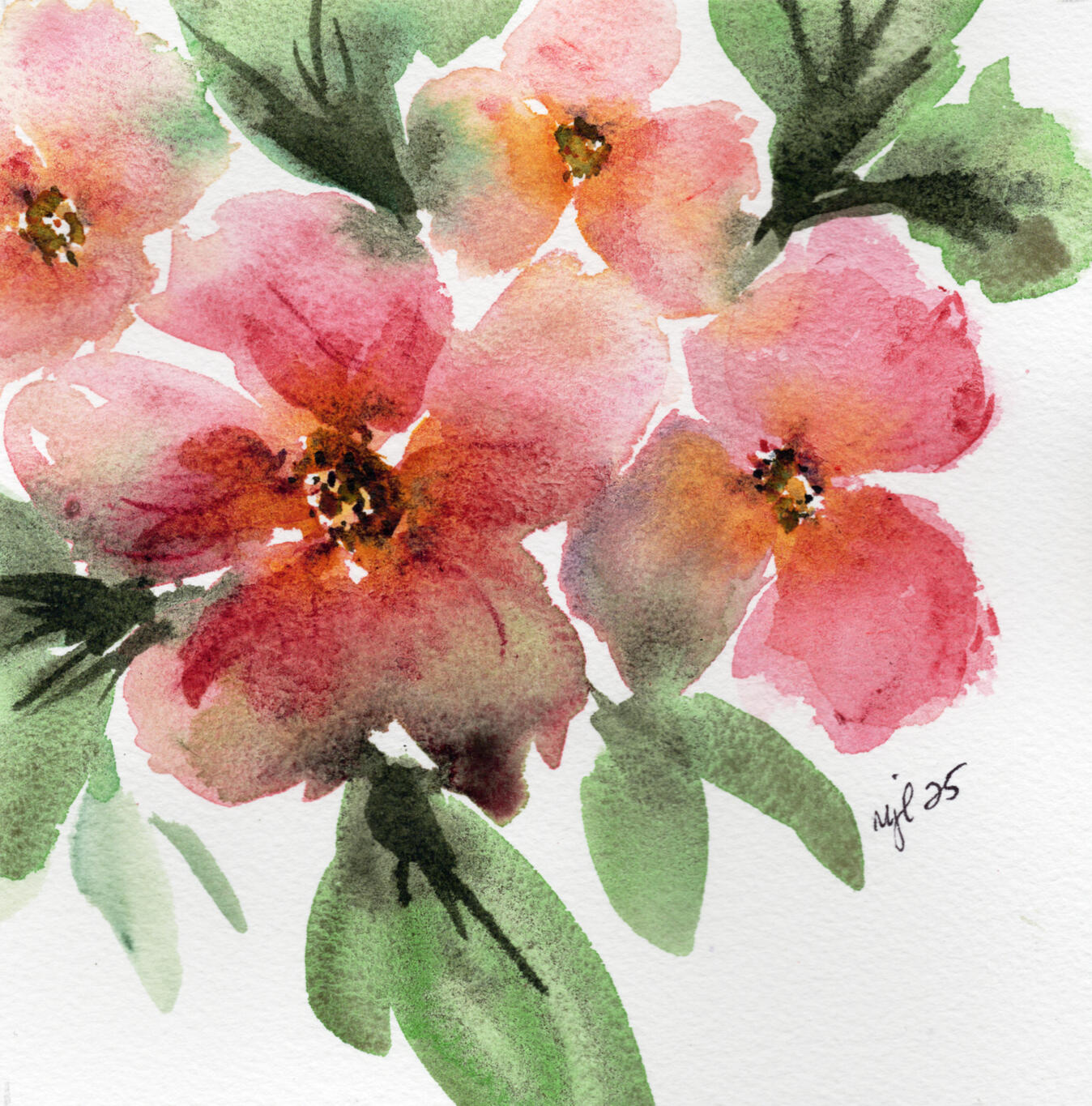 Watercolor 6 x 6 "Pink Petals in a Corner" $54