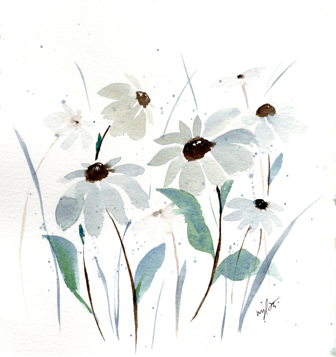 Watercolor 7 x 7.5 "Tonal Conflowers" $52