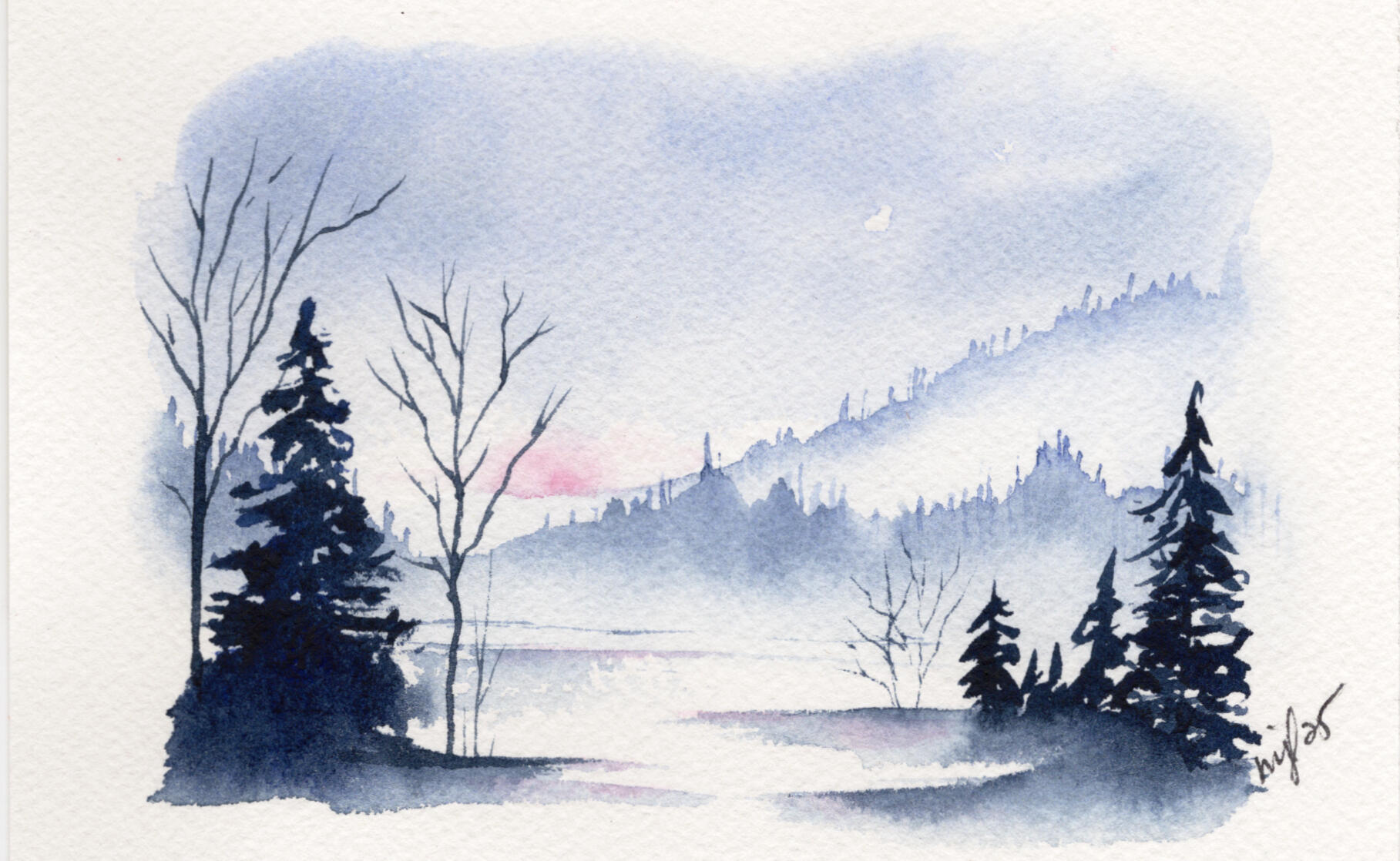 Watercolor 4 x 6 "Misty Mountain in Pink" $36
