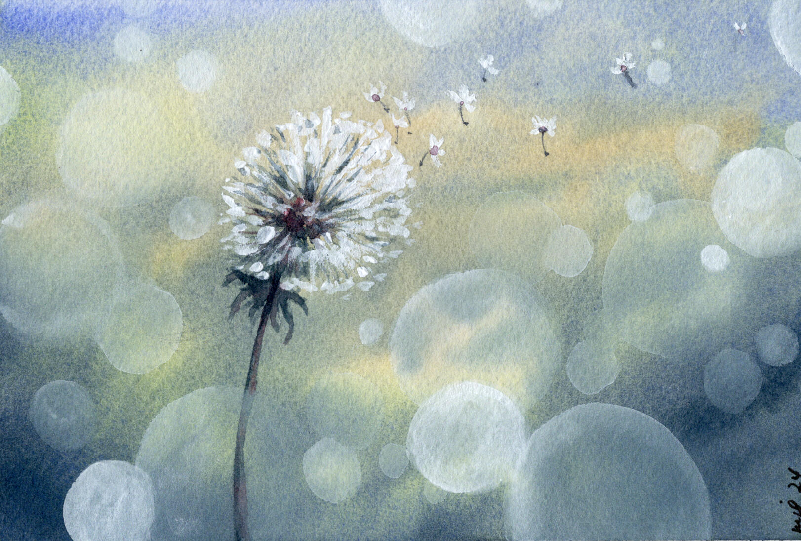 Watercolor 5 x 7 "Blue Dandelion in the Wind" $52