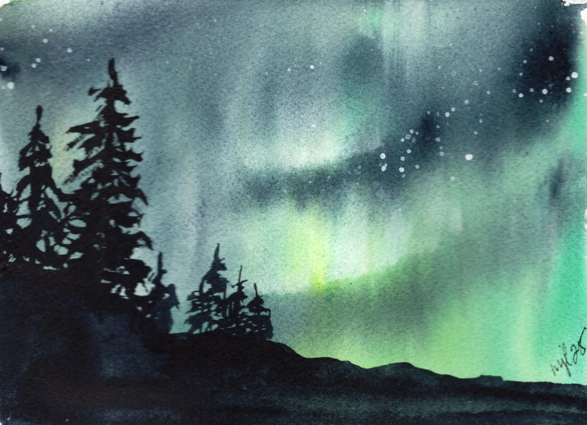 Watercolor 5 x 7 "Emerald Sky" $52.50
