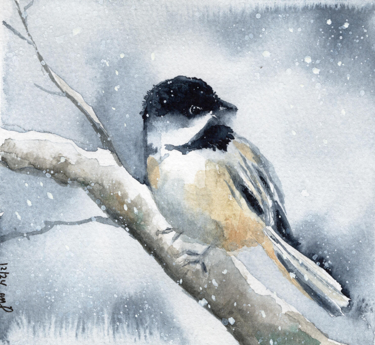 Watercolor 4 x 5 "1st Winter Chickadee" Private Collection