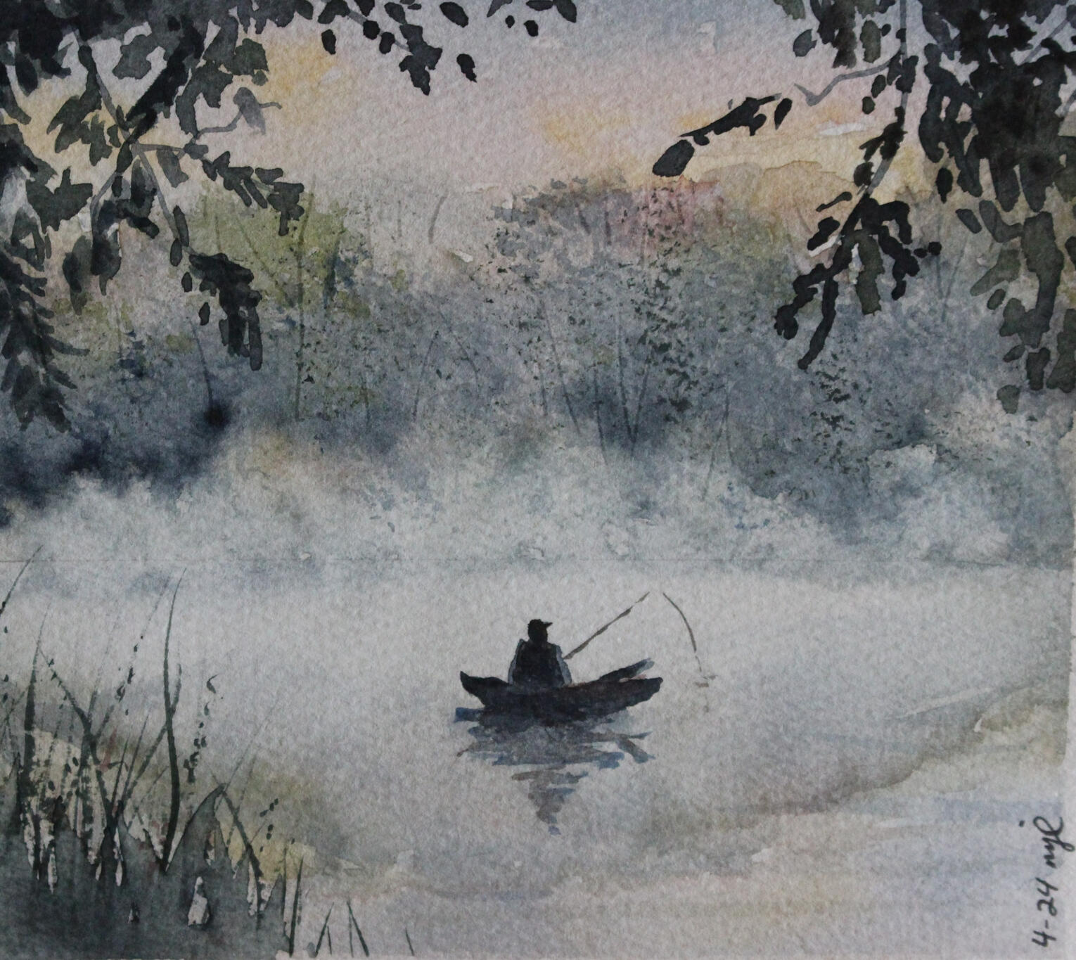 Watercolor 4.5 x 5.25 "Misty Lake Morning" Private Collection