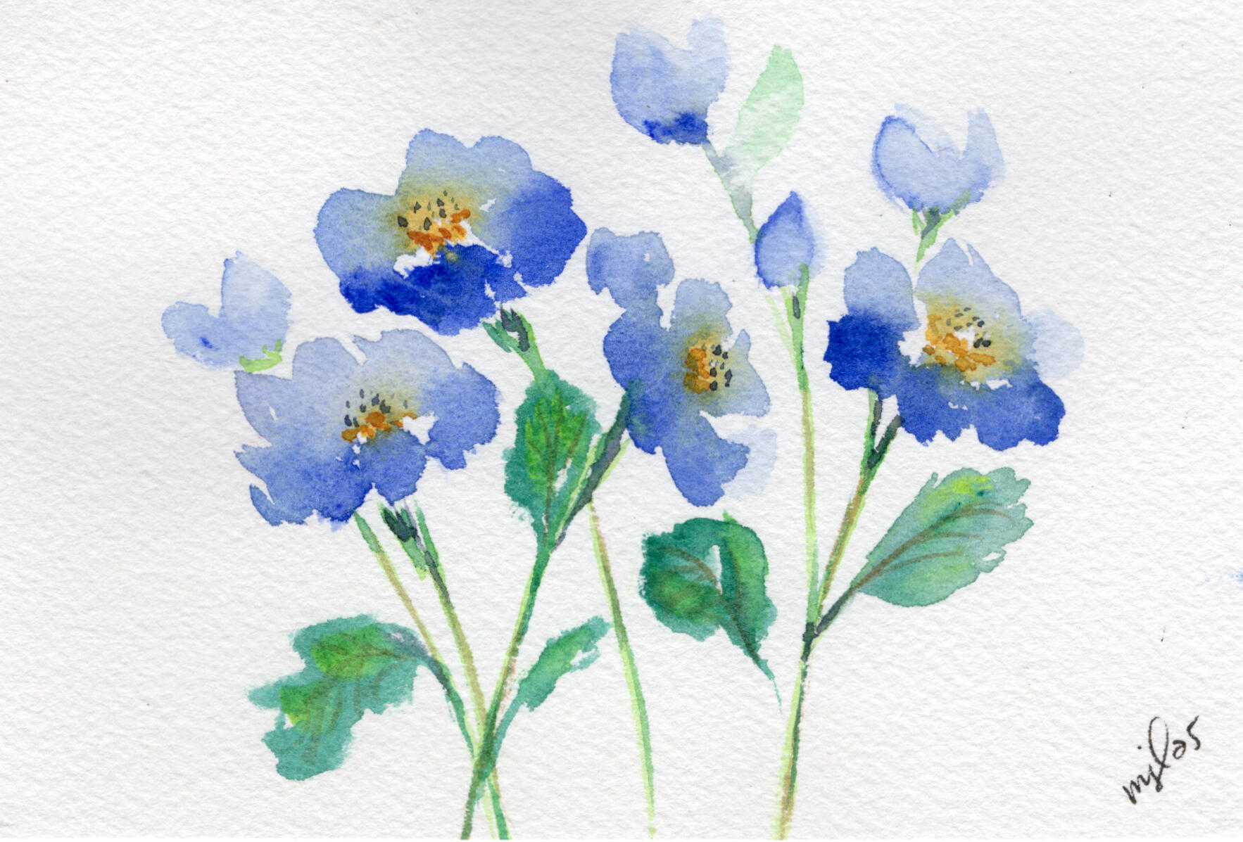 Watercolor 4 x 6 "Blue Loose Flowers" $36