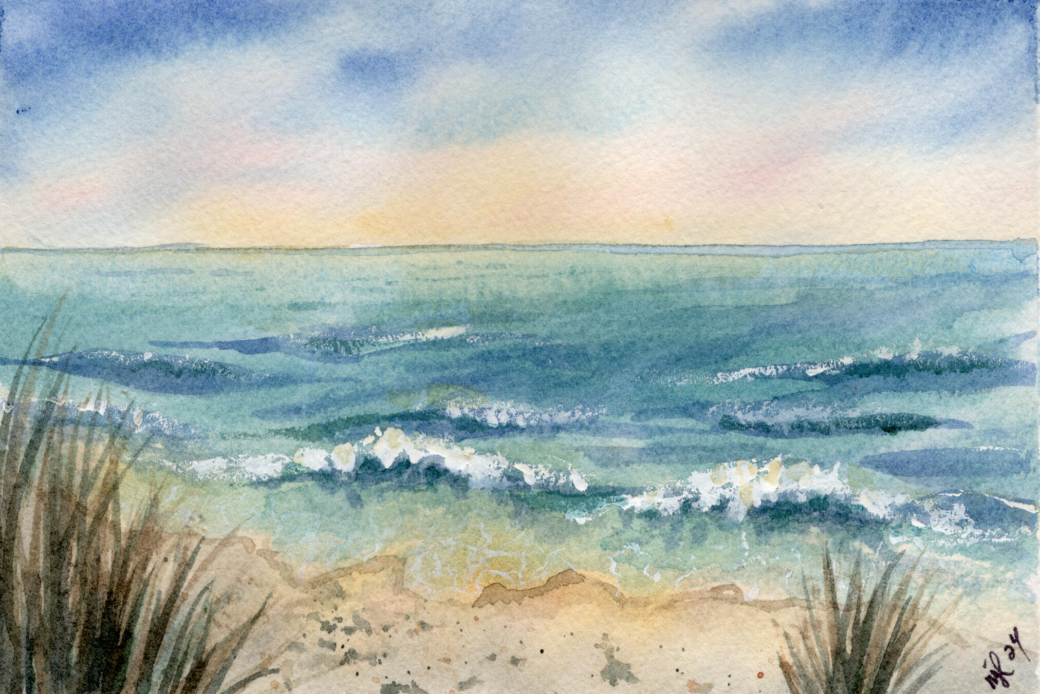 Watercolor 5 x 7 "Ocean Waves on the Sandy Shore" Private Collection