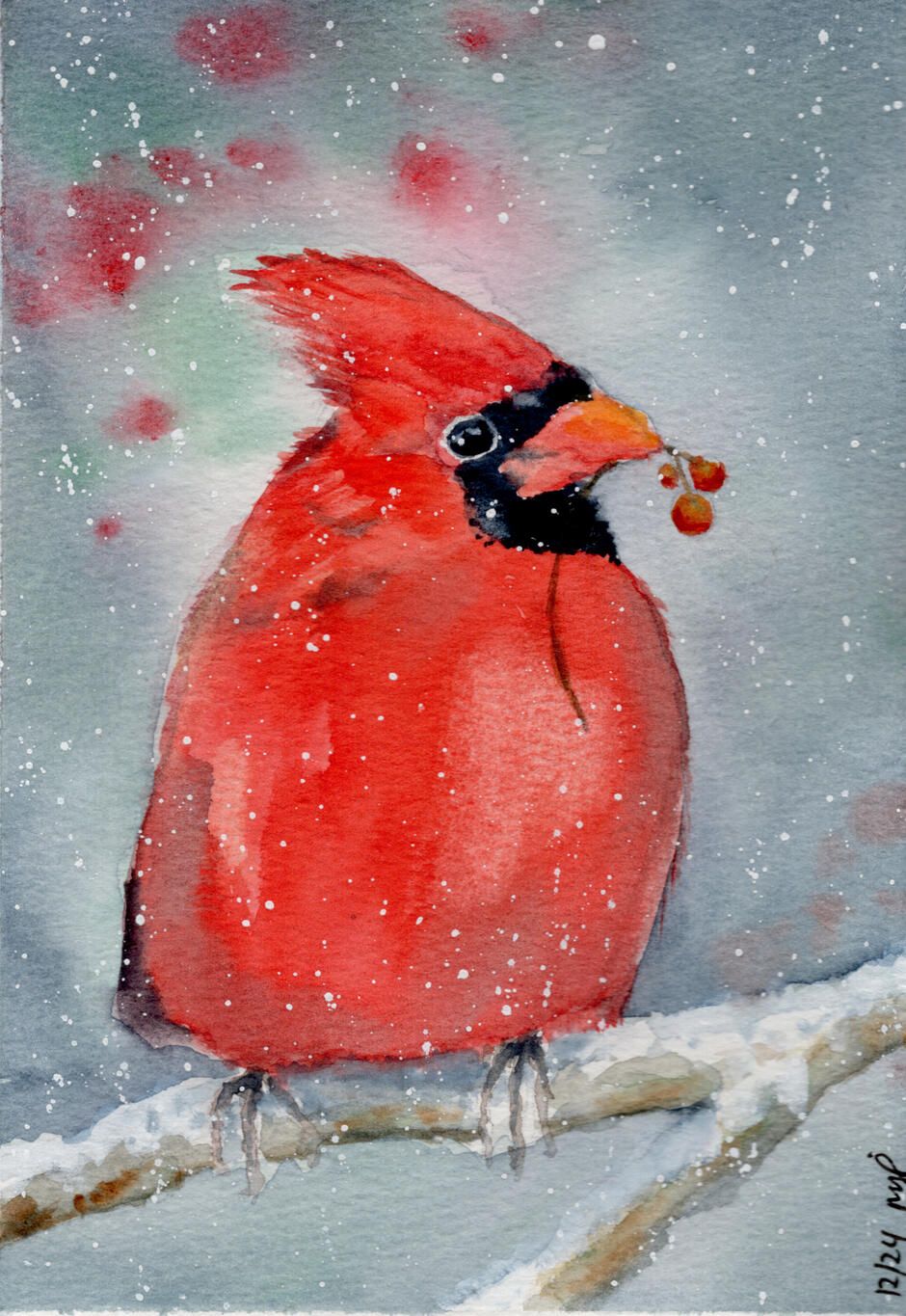 Watercolor 5 x 7 "Fluffy Cardinal" Private Collection