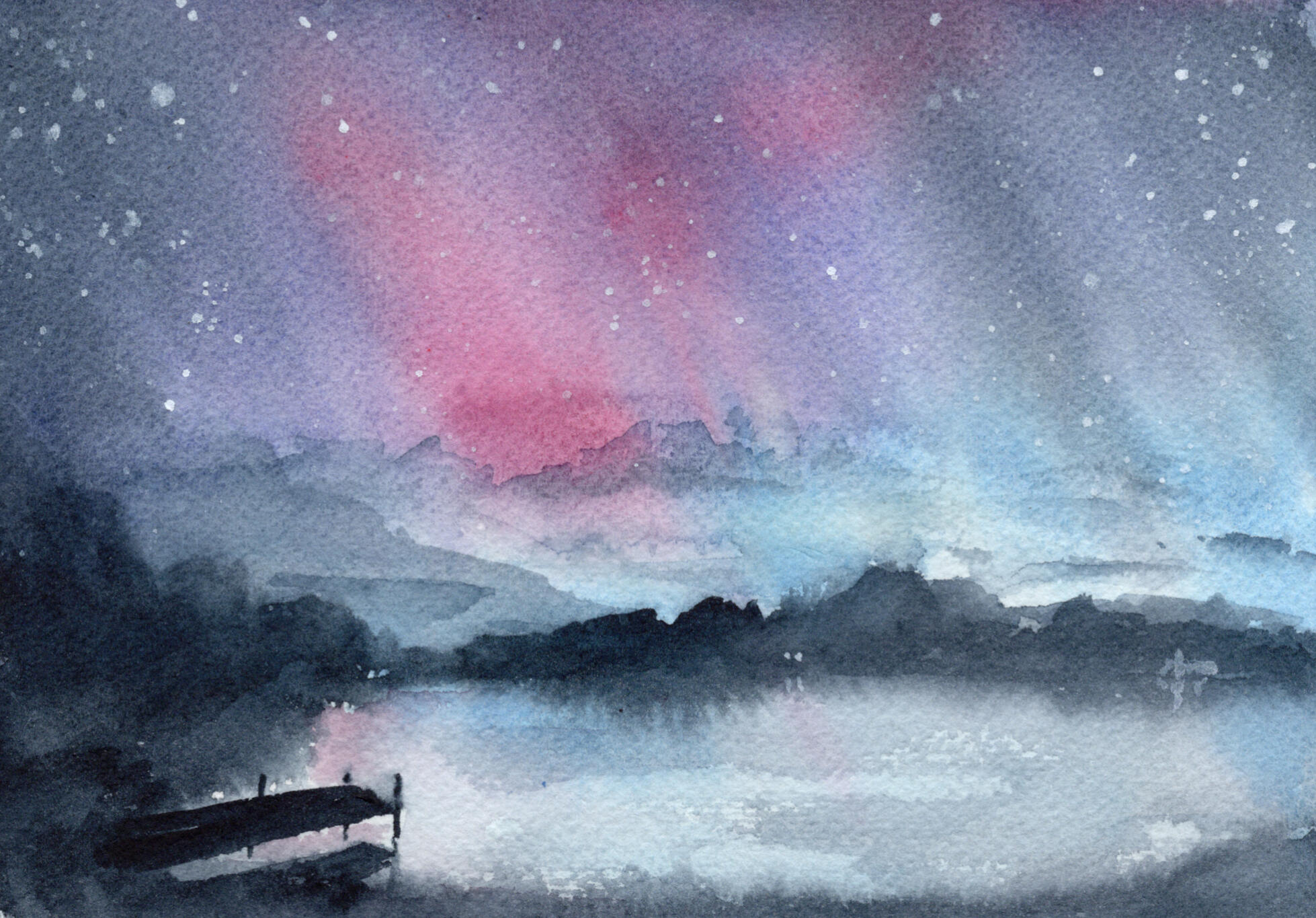 Watercolor 4 x 6 "Northern Lights by the Dock" Private Collection
